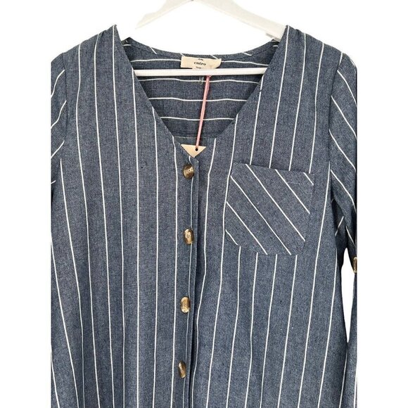 Entro Button Front Sheath Dress Size M Blue White Striped Chambray Roll Tab - Picture 4 of 16